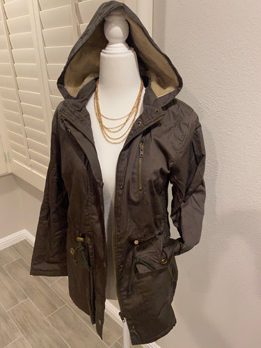 Hooded faux fur military jacket